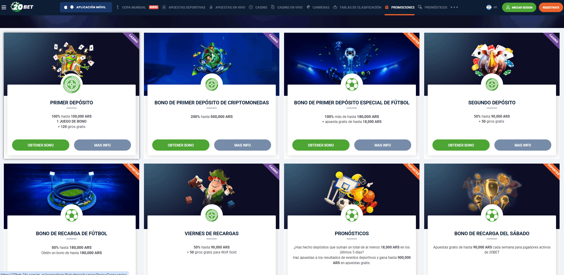 Captura de pantalla del bono y giros gratis de 20Bet Casino